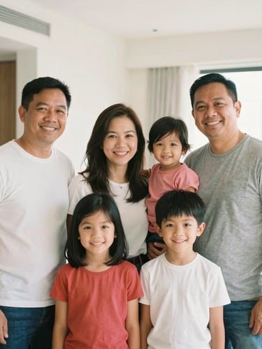 Candid medium portrait of a Filipino family smiling in their warm modern Dubai apartment, bright natural daylight, authentic 35mm photography