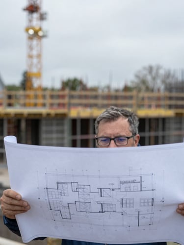 Close-up portrait shot of an architect reviewing blueprints on a Dutch construction site, active foundation work in the blurred background, natural overcast daylight, cool tones.