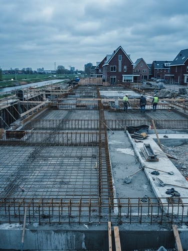 Wide shot of a modern residential construction site in the Netherlands, focusing on the concrete foundation and steel rebar structure, under natural overcast daylight, cool blue tones, 35mm.