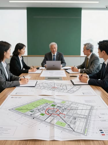 A professional business meeting in a bright corporate boardroom with architectural blueprints and land maps spread out on a wooden table, soft natural light, premium editorial style
