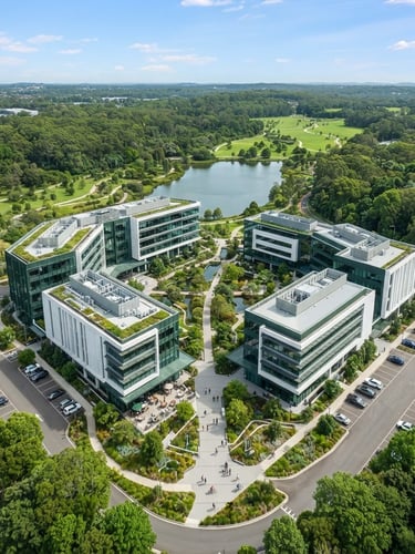 High-angle drone photography of a modern commercial development integrated with green land parcels, bright natural daylight, clean architectural lines, editorial style