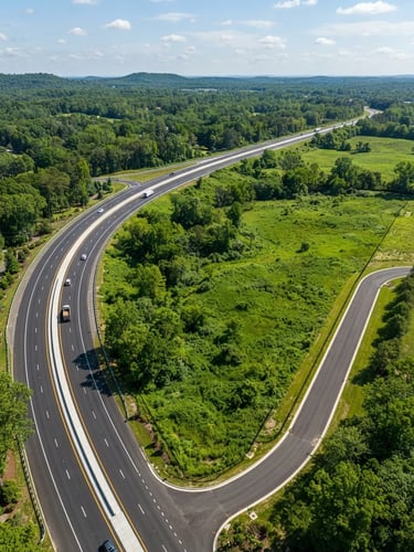 High-angle professional drone photography of a lush green strategic land parcel bordered by a modern clean highway, bright natural daylight, editorial architectural style