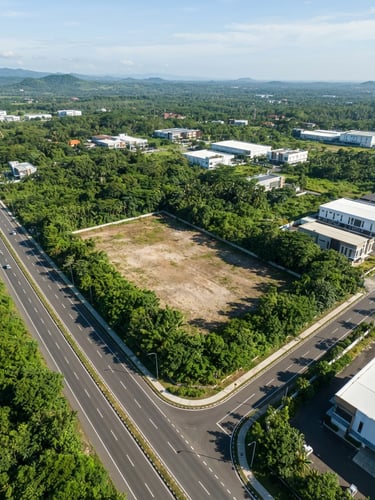 High-angle drone photography of a pristine strategic commercial land parcel in Indonesia, bordered by modern highways, bright natural daylight, clean architectural lines