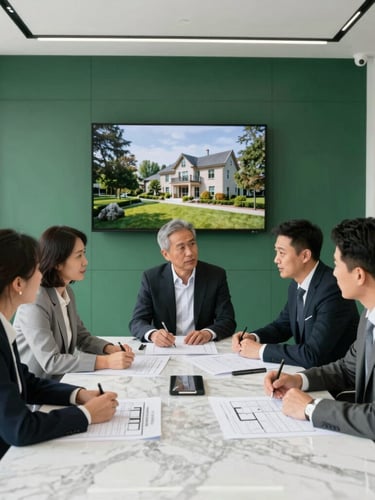 Professional corporate consultants discussing land acquisition blueprints around a marble table in a bright modern boardroom, deep forest green accents, high-end real estate photography