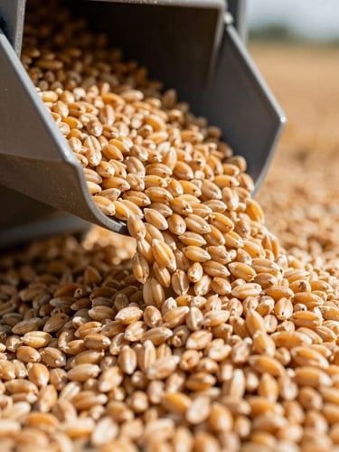 Macro close-up of high-grade golden wheat kernels pouring from a clean B2B loading terminal chute, sharp high-contrast midday sun highlighting texture.