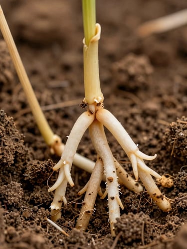 Ultra-close-up macro photograph of healthy wheat root structures binding deep Lethbridge County clay loam soil, sharp focus, high technical detail.