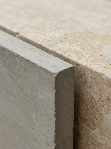 Close-up macro shot of raw premium construction materials, textured concrete and warm limestone, soft low-contrast architectural lighting.