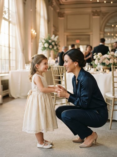 A professional caregiver in elegant attire warmly interacting with a child in formalwear, soft golden-hour window light, luxury wedding reception background, 35mm.