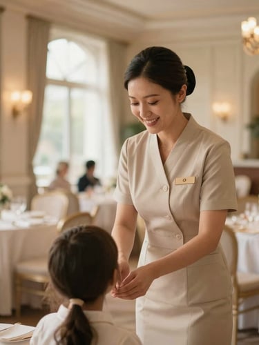 A professional caregiver in elegant attire softly smiling, interacting with a child in a beautifully decorated luxury wedding reception lounge, warm soft lighting, 35mm