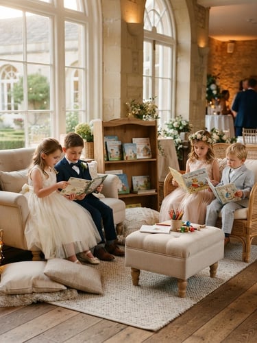 A beautifully styled children's lounge at a luxury wedding, warm golden-hour light filtering through high windows, elegant neutral-toned furnishings, children in formalwear reading books, 35mm photography