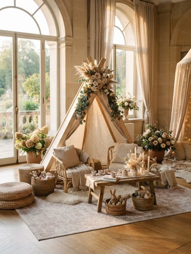 A beautifully styled children's lounge setup with neutral-toned furnishings, soft golden-hour window light, muted neutral tones, elegant wedding venue setting