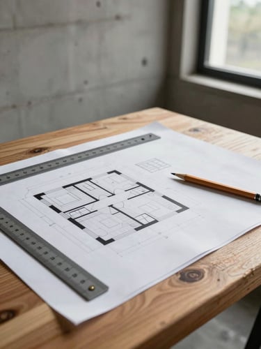 Close environmental shot of architectural floor plans spread on a wooden site table, pencil and scale ruler resting on the drawing, warm daylight from a nearby window illuminating the paper, Comorian concrete wall texture visible in the background