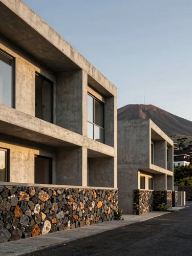Wide environmental shot, left-bleed framing — a rendered concrete and stone residential facade in Comoros bathed in late-afternoon golden light, volcanic hillside visible in the far background, foreground showing finished masonry detail at the base, no people, natural daylight only