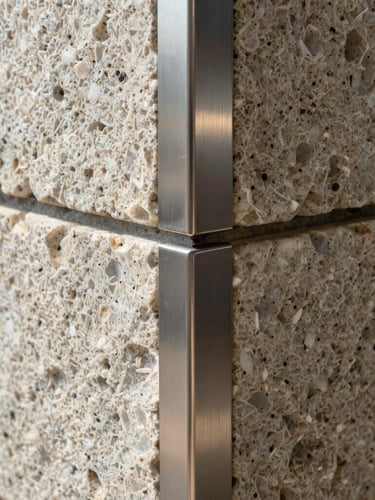 Extreme close-up of tactile travertine stone meeting brushed steel, sharp geometric dividing line, hard architectural lighting.