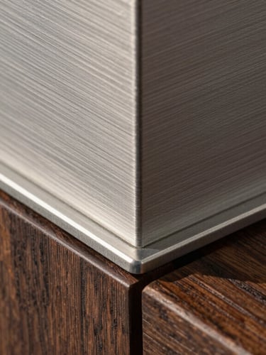 Extreme close-up of tactile brushed steel meeting dark oak wood, razor-sharp geometric alignment, direct sunlight, architectural detail