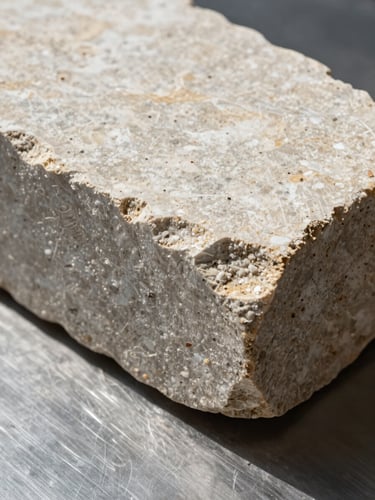 Extreme close-up of a raw travertine block resting on a sheet of brushed steel, direct overhead sunlight casting sharp shadows.