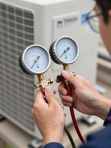 Technician's hands holding a digital manifold gauge displaying refrigerant pressure readings against an outdoor condensing unit, bright even daylight, metal components sharp in focus