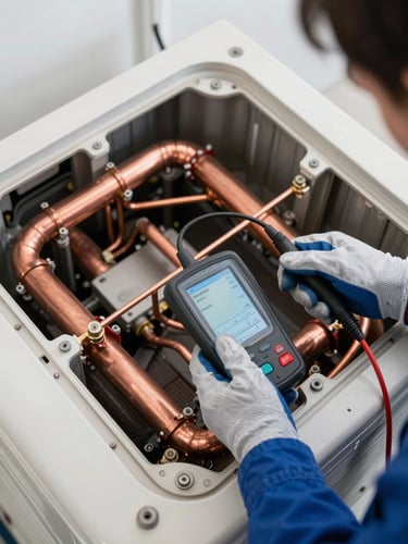 Overhead view of an open HVAC unit interior, copper coils and refrigerant lines visible, technician's gloved hands holding a diagnostic tool, bright even studio lighting, no faces visible