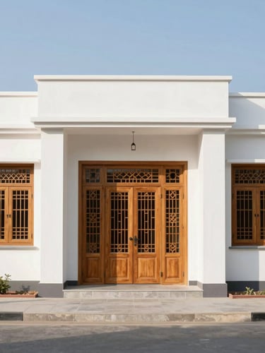 Symmetrical modern Kashmiri villa exterior with traditional wooden pinjra-kari lattice windows, bright morning daylight, clean architectural lines, realistic photography.
