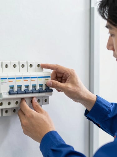 A professional electrician in a clean uniform testing a modern circuit breaker with digital equipment, bright natural daylight, sharp focus.