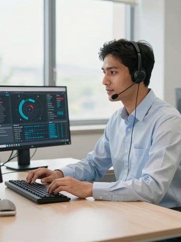 A clean, modern corporate office desk in Srinagar with a professional support coordinator speaking on a headset, bright natural daylight, technical dashboard visible on a monitor in the background, sharp focus.