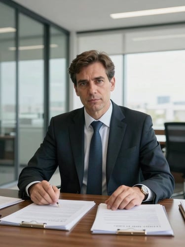 Medium-wide environmental portrait of a professional lawyer in a modern, bright Posadas office with glass walls, natural daylight illuminating legal documents on a wooden desk, serious yet approachable expression, premium corporate atmosphere.