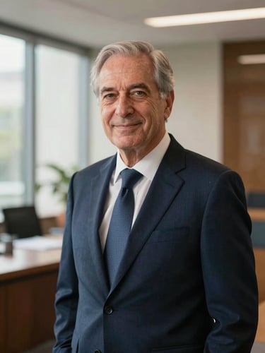 Portrait of a senior male attorney in a modern navy suit, warm natural light, professional office background.