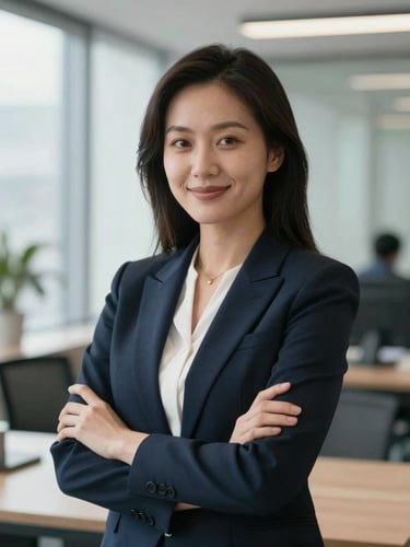 Portrait of a professional female attorney, confident smile, modern office setting, soft daylight.