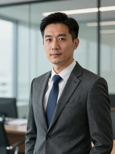 Portrait of a modern male attorney, professional attire, clean glass office environment, bright lighting.