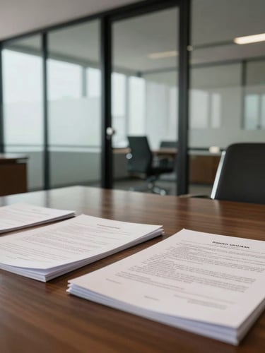 Environmental portrait of a modern corporate office in Posadas, clean glass partitions, warm natural daylight, professional legal documents neatly arranged on a dark wood table.
