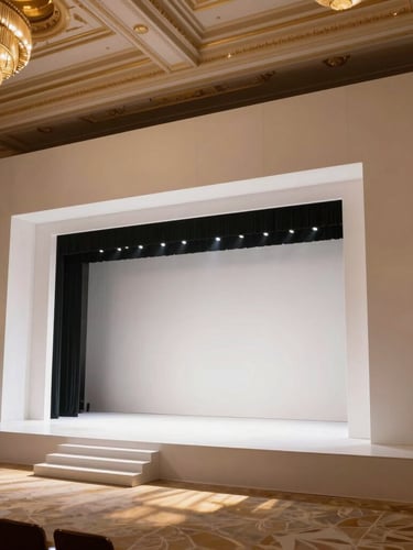 Wide-angle architectural view of a massive custom-fabricated white stage structure inside a luxury ballroom, sharp golden lighting casting clean shadows.