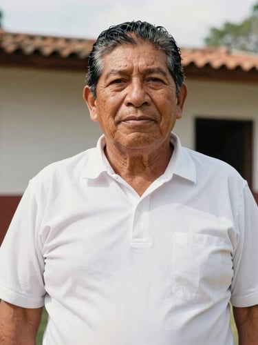 Dignified medium environmental portrait of a Colombian community leader in a bright outdoor setting, natural daylight, warm organic tones, documentary style, 35mm