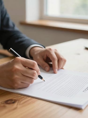 Close-up of hands writing on a document on a wooden desk, natural window light, warm tones, professional editorial style