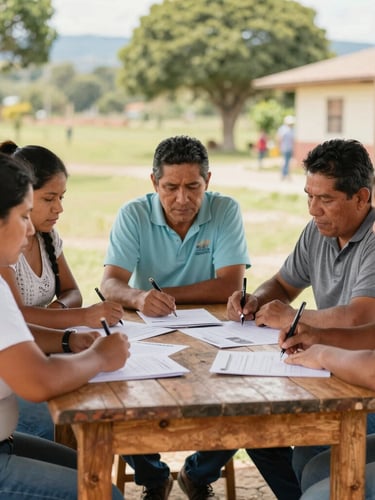 Wide environmental shot of Colombian community leaders planning a local project around a rustic wooden table, bright natural daylight, warm tones, shallow depth of field.