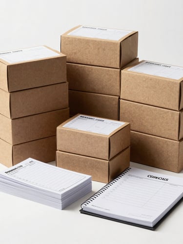 Straight-on commercial product shot of neatly stacked boxes of restaurant guest checks and custom order pads, bright clean high-key commercial lighting, neutral white background.