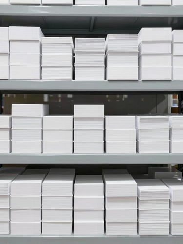 Straight-on architectural shot of organized commercial warehouse shelving, neatly stacked boxes of crisp white stationery, bright high-key commercial lighting, neutral gray and blue tones, no people.