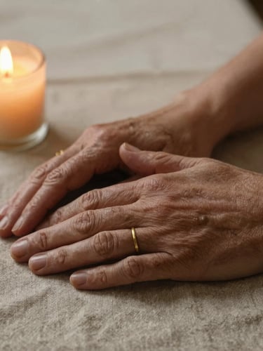 Close up of mature hands resting on an old linen cloth next to a warm candle flame, soft side daylight, deep earth tones, 35mm