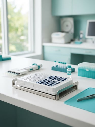 Medium close-up of a modern clinical testing tray with Alex 2.0 allergen kits, soft natural window light, bright calming teal accents, clean professional medical environment.