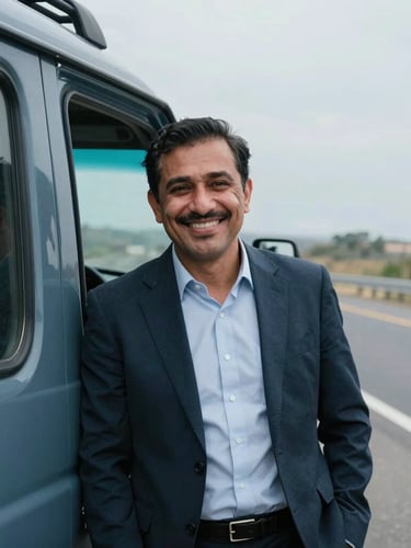 Authentic travel photography of Majlan smiling warmly beside his vehicle cabin, natural highway daylight, cool slate tones, professional yet approachable