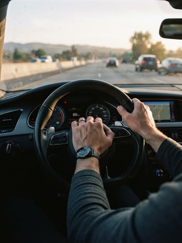A cinematic close-up of a professional driver's hands on a leather steering wheel, natural golden hour highway light streaming through the windshield, cool blue tones, 35mm photography.