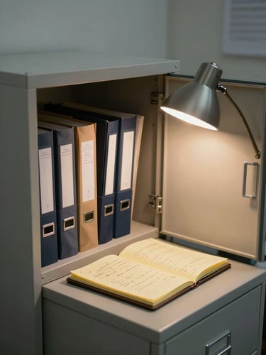 Close environmental view of a legal office corner, a half-open file cabinet with labeled folders, a desk lamp casting warm natural side light on a yellow legal pad with handwritten notes, no person visible, quiet and purposeful atmosphere