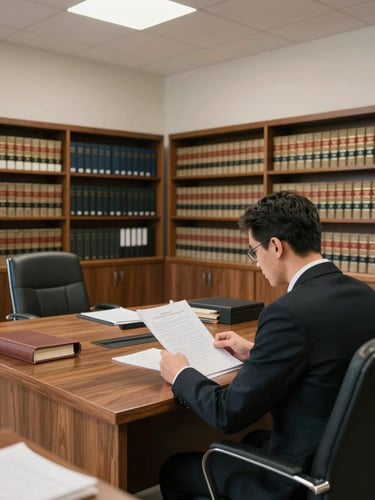 Wide environmental view of a legal office interior, an attorney seated at a large wooden desk reading documents under soft north-facing daylight, bookshelves of case files filling the background, natural overcast light, no faces visible, over-shoulder composition