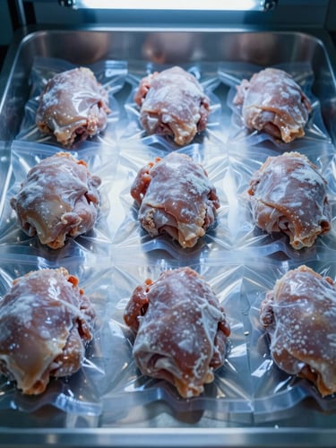 Close-up overhead shot of vacuum-sealed frozen chicken portions in clear plastic packaging, arranged in tight sequence on a stainless steel processing surface under cold overhead facility lighting, deep-saturated blues and silvers, no hands visible