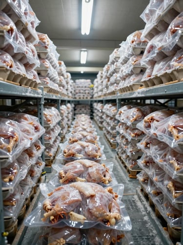 Wide-angle interior of a refrigerated cold-storage warehouse, rows of stacked vacuum-packed frozen chicken cartons receding into depth under harsh overhead fluorescent lighting, frost-covered metal racking, no people, deep shadows at far end