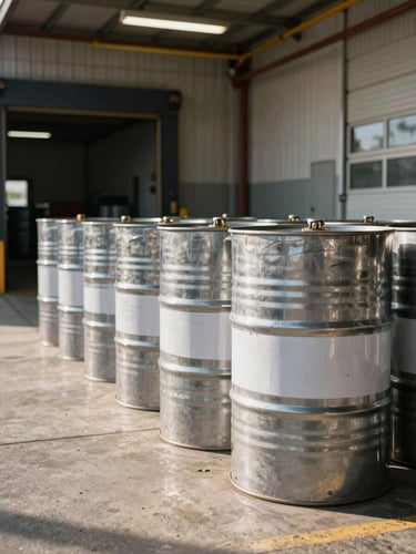 Row of sealed 200-litre steel drums of refined vegetable oil on a loading dock inside a Brazilian export facility, overhead industrial lighting casting clean shadows, drum labelling partially visible, concrete floor and loading bay door in background