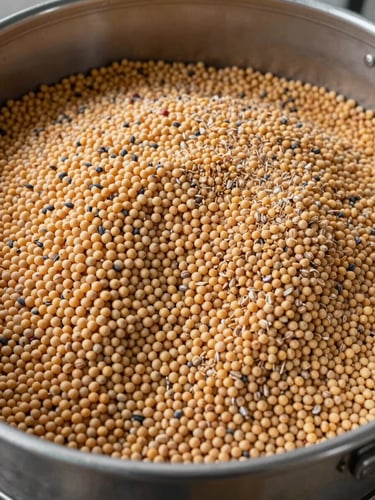 Tight overhead shot of bulk soybeans and corn kernels side by side in a certified Brazilian processing facility, natural overhead industrial lighting, grain moisture and texture visible at close range, metal silo walls at frame edge