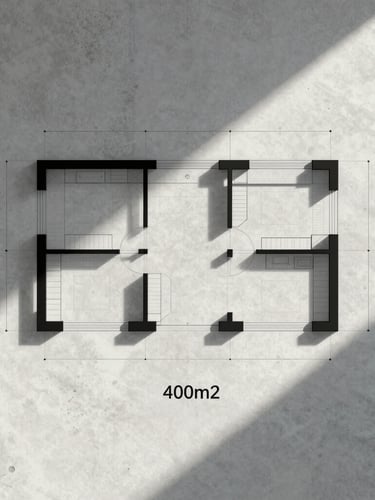 Minimalist architectural floor plan drawing of a 400m2 showroom, clean black lines on a light concrete gray background, technical grid lines, precise layout