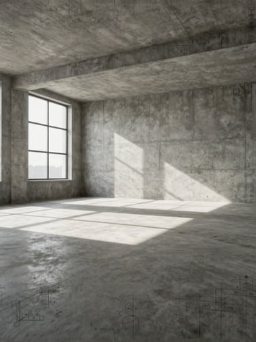 Wide-angle architectural rendering of an empty high-rise concrete shell space with dramatic window light casting sharp geometric shadows on raw concrete floor, technical blueprint overlay, desaturated tones, 35mm