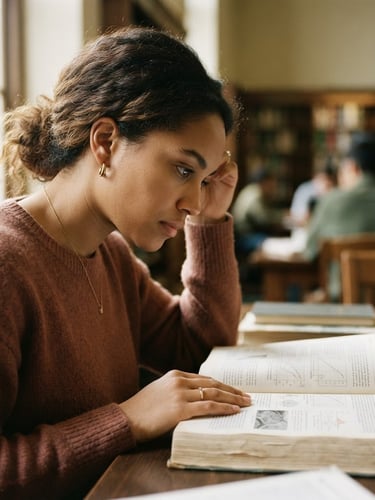 A close-up of an adult student in a library, focusing intensely on a textbook under soft natural window light, warm earth tones, shallow depth of field