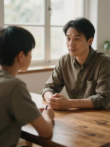 A mentor and student in quiet conversation across a wooden table, soft natural light, focused expressions of collaboration, warm earth tones, shallow depth of field.